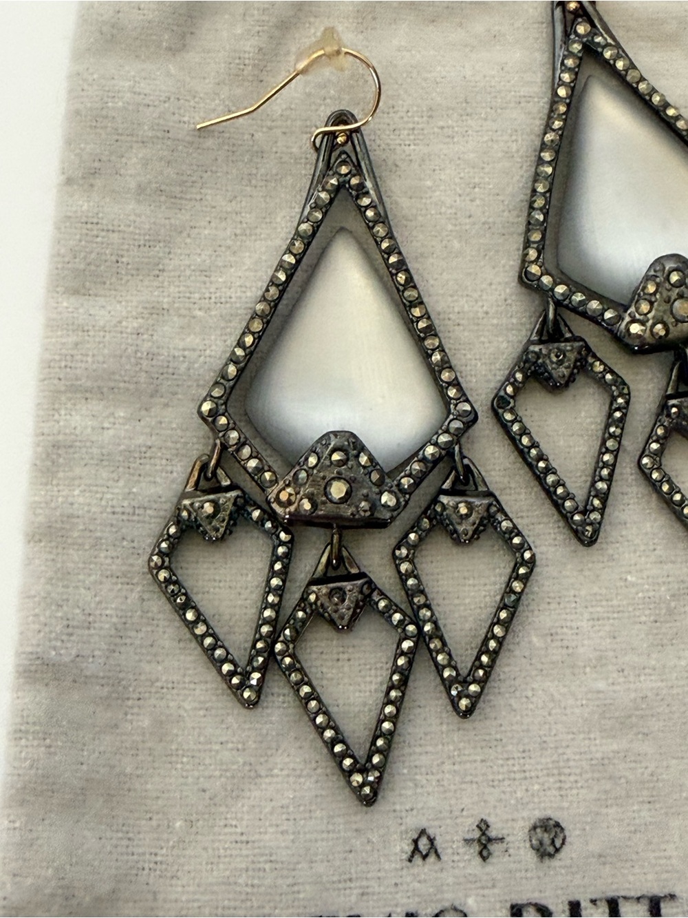 Alexis Bittar oxidized metal & crystal pave & mop Geometric Chandelier Earrings - Picture 2 of 6